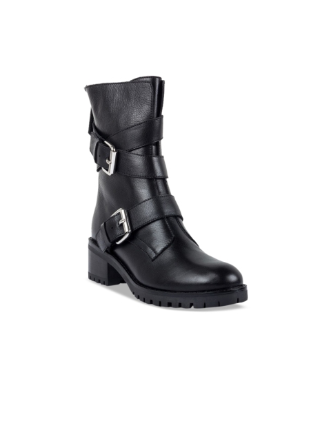 Vanilla Moon Women Black Perforations Leather Mid-Top Flat Boots
