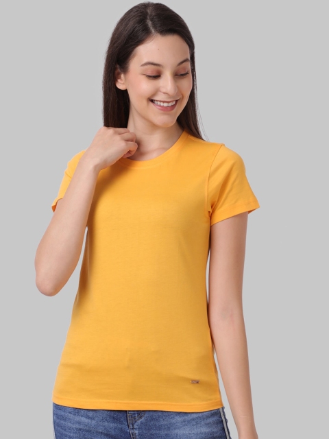 Park Avenue Woman Women Yellow Solid Round Neck T-shirt