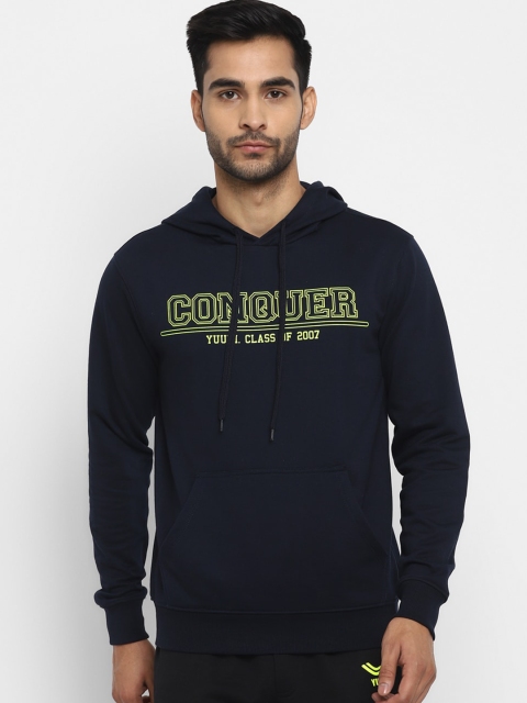 Yuuki Men Navy Blue Printed Hooded Sweatshirt