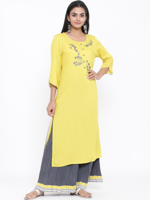 PIROH Women Yellow & Grey Embroidered Kurta with Palazzos