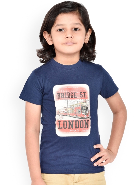 ORANGE PUMPKKIN Boys Navy Blue Printed Round Neck T-shirt