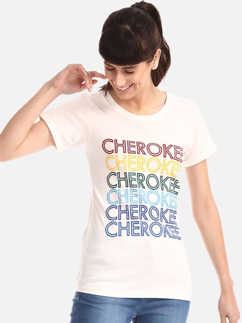 Cherokee Women Off-White Printed Round Neck T-shirt