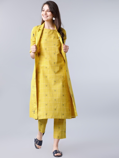 Vishudh Women Mustard Embroidered Kurta with Trousers