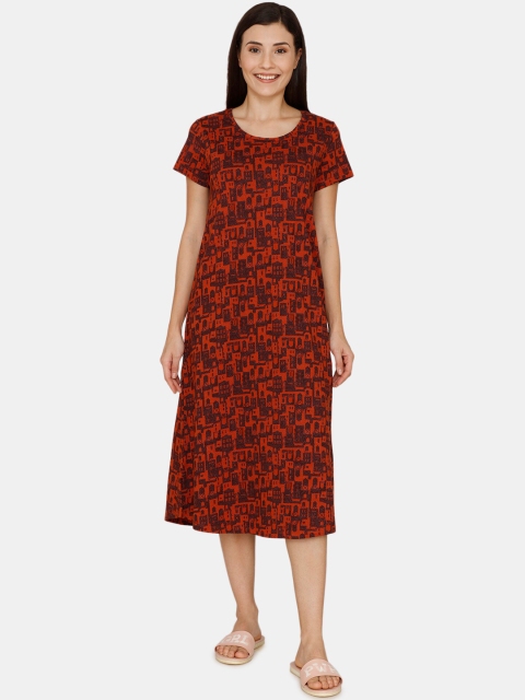 Zivame Women Brown & Maroon Printed Sleep Shirt