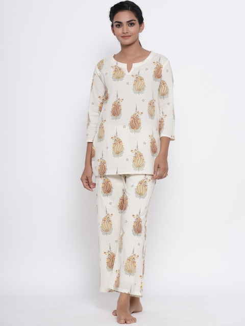 Fabriko Women Off-White & Beige Floral Printed Night suit