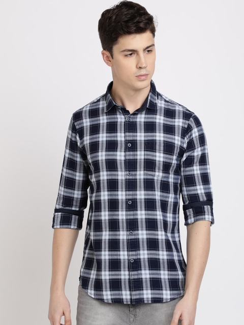 TED HARBOR Men Blue & White Slim Fit Checked Casual Shirt