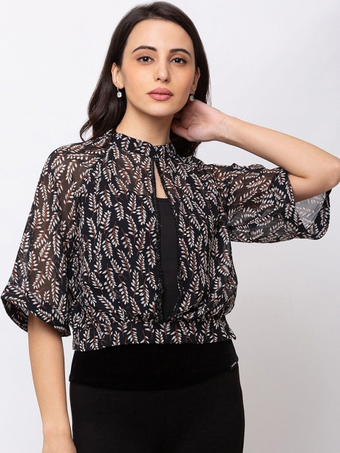 SHECZZAR Women Black Printed Blouson Top