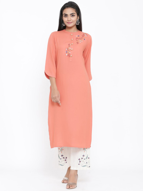 PIROH Women Coral & White Solid Kurta with Palazzos 
PIROH Women Coral & White Solid Kurta with Palazzos
