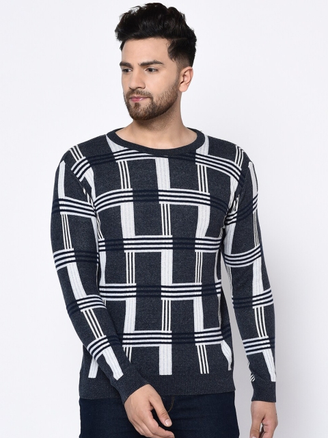 METTLE Men Navy Blue Checked Pullover Sweater