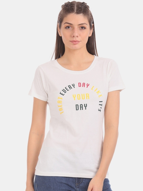 Sugr Women Off-White Printed Round Neck T-shirt