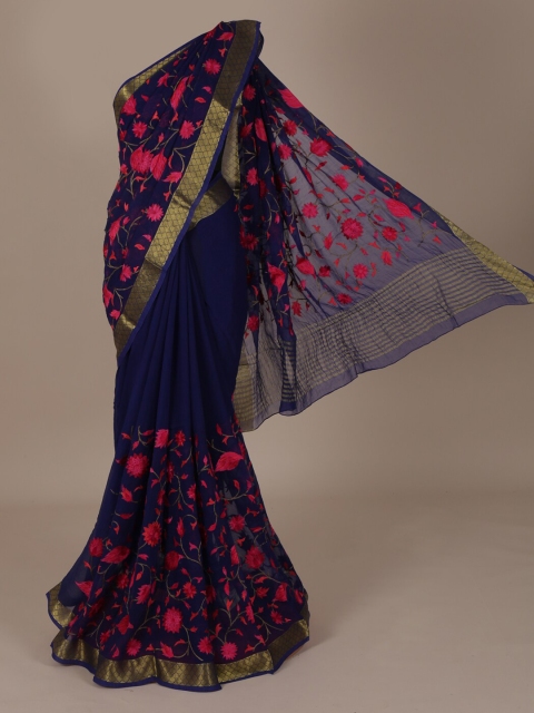 Pothys Navy Blue & Pink Pure Chiffon Floral Printed Saree