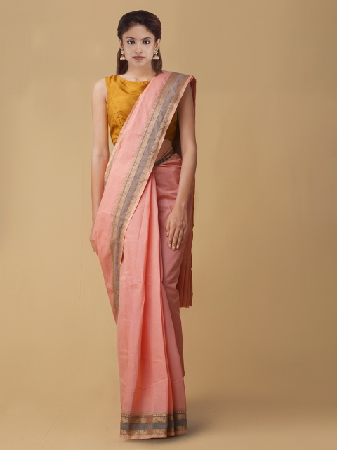 Unnati Silks Pink Solid Pure Uppada Cotton Handloom Saree