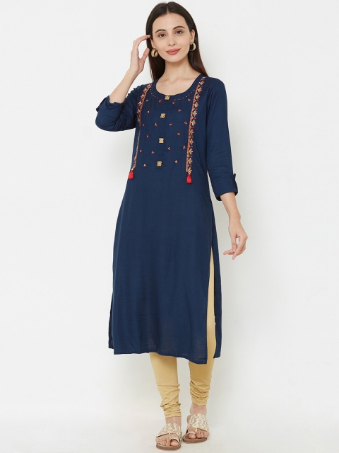 FASHOR Women Navy Blue Embroidered Straight Kurta