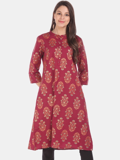 Karigari Women Maroon & Green Printed Straight Kurta