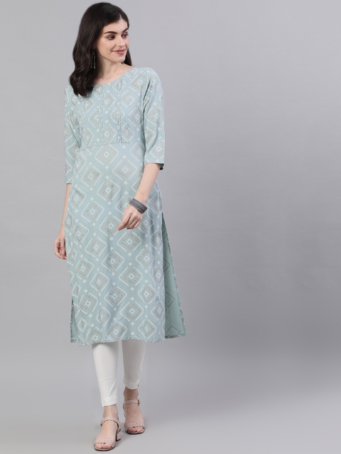 Nayo Women Grey & White Printed Straight Kurta