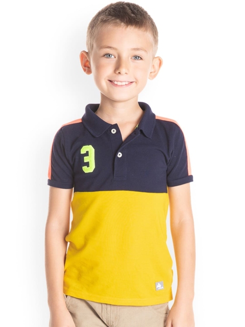 Cherry Crumble Boys Navy Blue & Yellow Colourblocked Polo Collar T-shirt