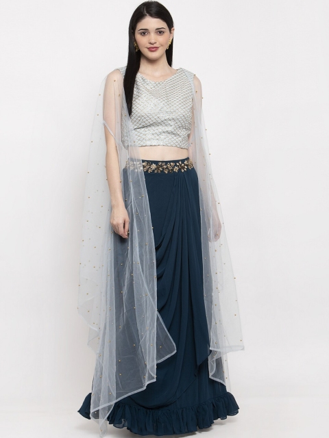 KHALOM Women Blue & Gold-Coloured Embroidered Ready to Wear Sustainable Lehenga Choli Skirt Set
KHALOM Women Blue & Gold-Coloured Embroidered Ready to Wear Sustainable Lehenga Choli Skirt Set