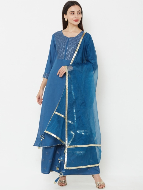 FASHOR Women Blue Woven Design Kurta with Palazzos & Dupatta