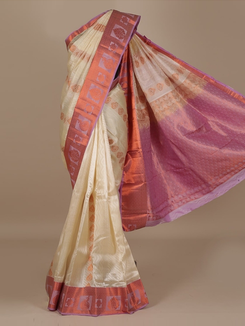 Pothys Cream-Coloured & Pink Silk Blend Woven Design Saree