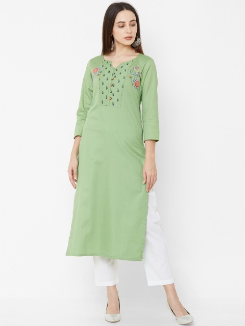 Os Women Green Embroidered Straight Kurta