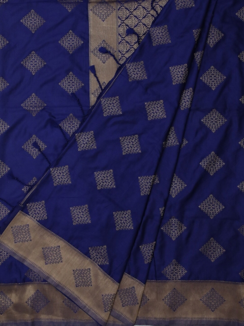 Bangalore Silk Emporium Blue & Gold-Toned Satin Woven Design Saree
