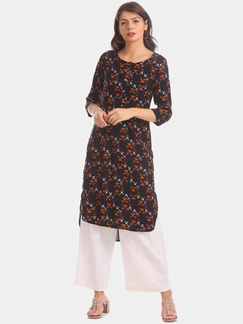Karigari Women Black & Brown Printed A-Line Kurta