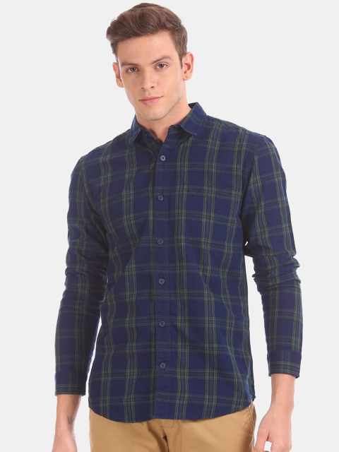 Cherokee Men Blue & Yellow Regular Fit Checked Casual Shirt
