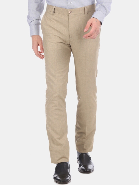 Excalibur Men Beige Regular Fit Solid Formal Trousers