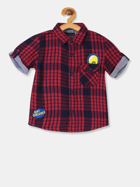 Cherokee Boys Red & Navy Blue Regular Fit Checked Casual Shirt