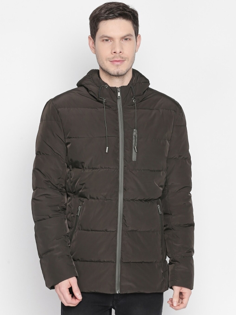 Basics Men Olive Black Solid Lightweight Padded Jacket