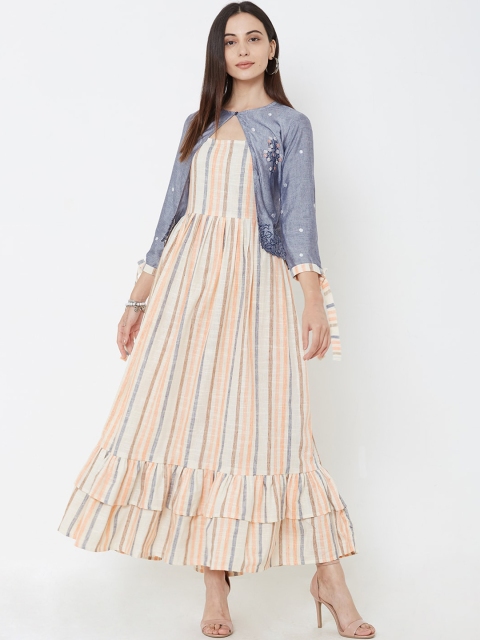 FASHOR Women Multicoloured Striped Maxi Dress, Beige