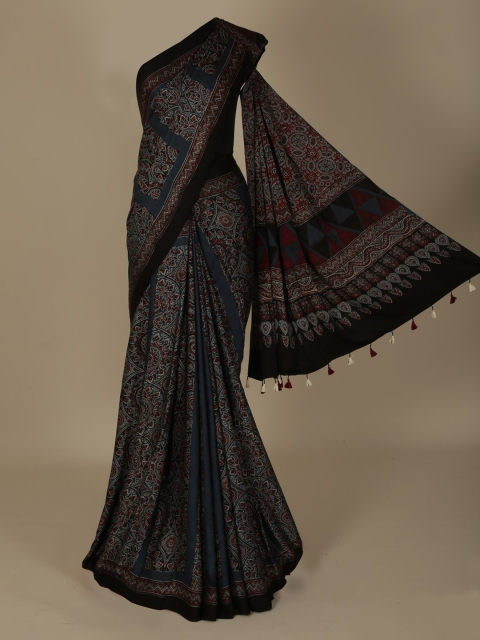 Pothys Navy Blue Printed Pure Crepe Saree