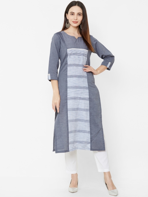 Os Women Grey & Off-White Colourblocked Straight Kurta