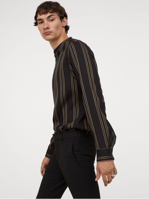 H&M Men Black Striped Grandad Shirt Slim Fit