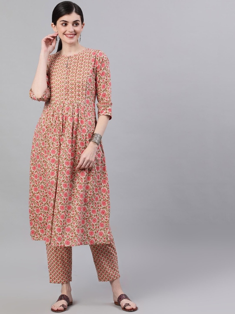 Nayo Women Beige & Pink Printed Kurta with Trousers