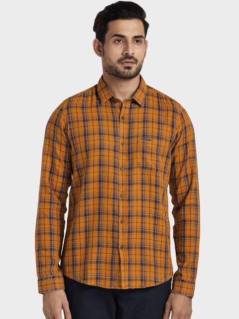 ColorPlus Men Yellow & Blue Regular Fit Checked Casual Shirt