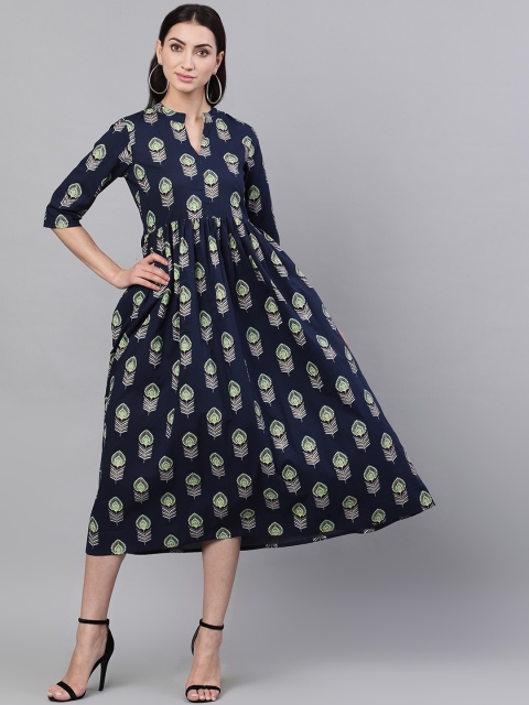 Nayo Women Navy Blue Printed Fit and Flare Dress