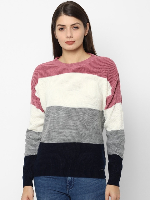Allen Solly Women Grey & Off White Colourblocked Pullover Sweater