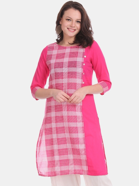 Karigari Women Pink & White Checked A-Line Kurta