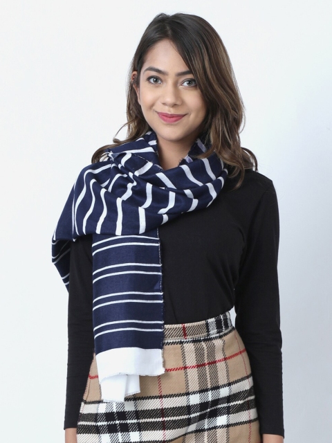 Calvadoss Women White & Navy Blue Striped Stole
