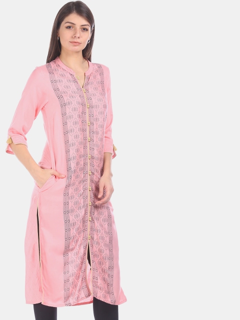 Karigari Women Pink Printed Straight Kurta