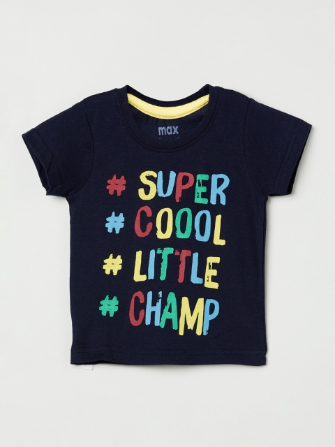 max Infant Boys Navy Blue & Yellow Printed Round Neck T-shirt