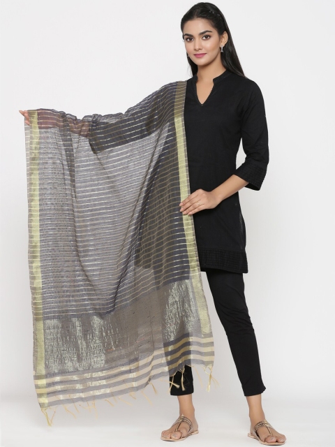 RANGMAYEE Women Grey & Gold Coloured Woven Design Chanderi Dupatta