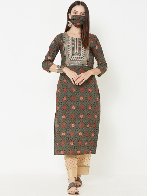 FASHOR Women Green Yoke Design Straight Kurta
