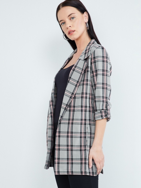 max Women Grey & Pink Checked Open Front Jacket