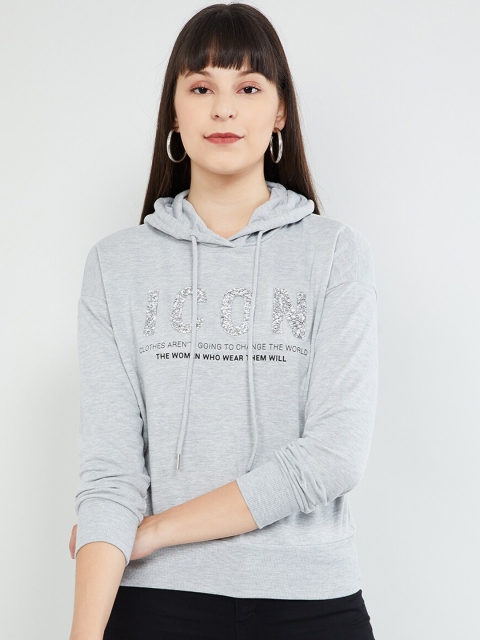 max Women Grey Melange Printed Hooded Sweatshirt