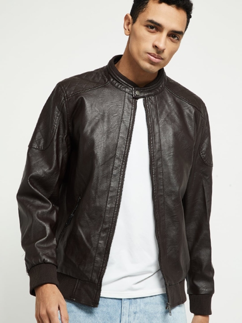max Men Brown Solid Biker Jacket