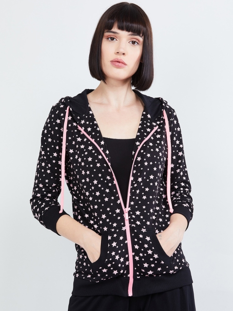 max Women Black & Pink Printed Hooded Sweatshirt