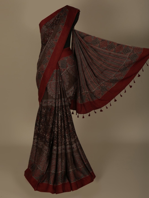Pothys Brown & Black Pure Crepe Printed Saree