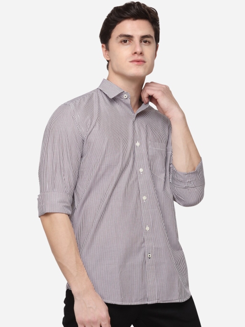 Greenfibre Men White & Brown Regular Fit Striped Casual Shirt